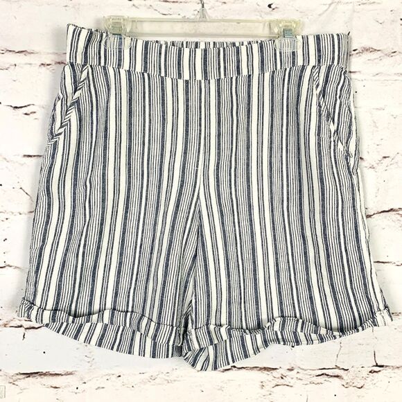 Prosecco Women’s Casual Shorts Striped Navy Ivory Linen Blend Size 16 Beach - Picture 1 of 5